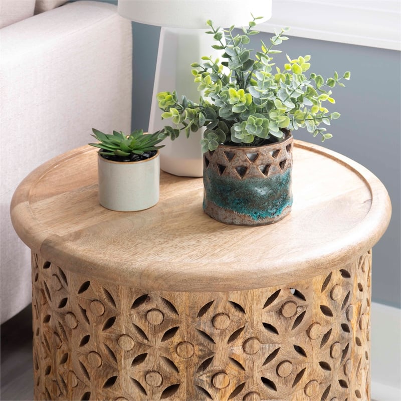 Home Square Wood Hand Carved Side Table in Natural - Set of 2