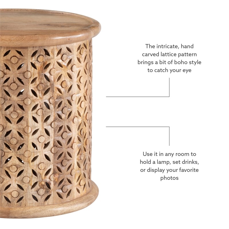 Home Square Wood Hand Carved Side Table in Natural - Set of 2