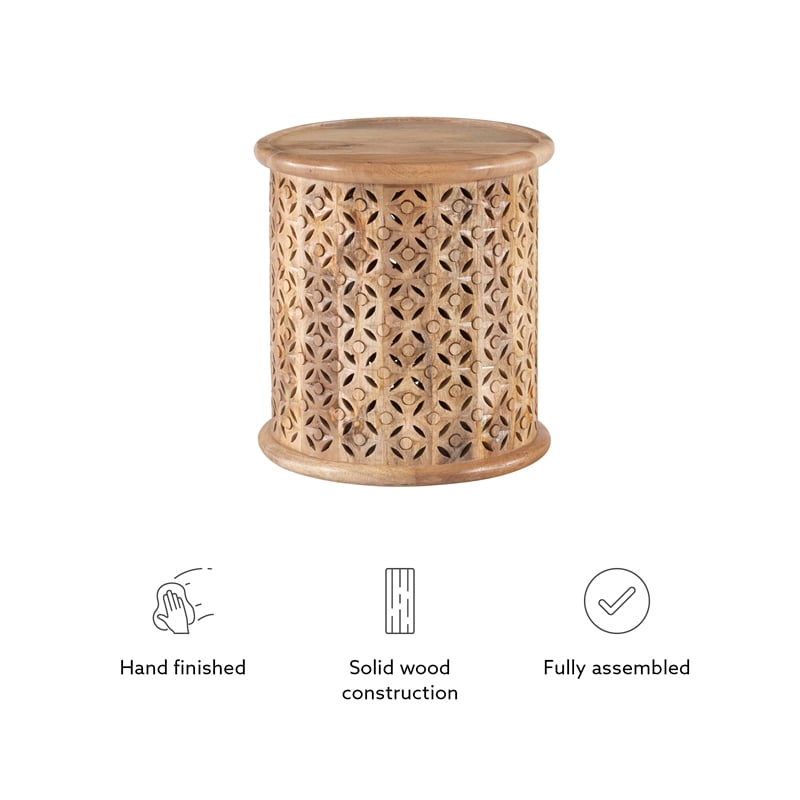 Home Square Wood Hand Carved Side Table in Natural - Set of 2