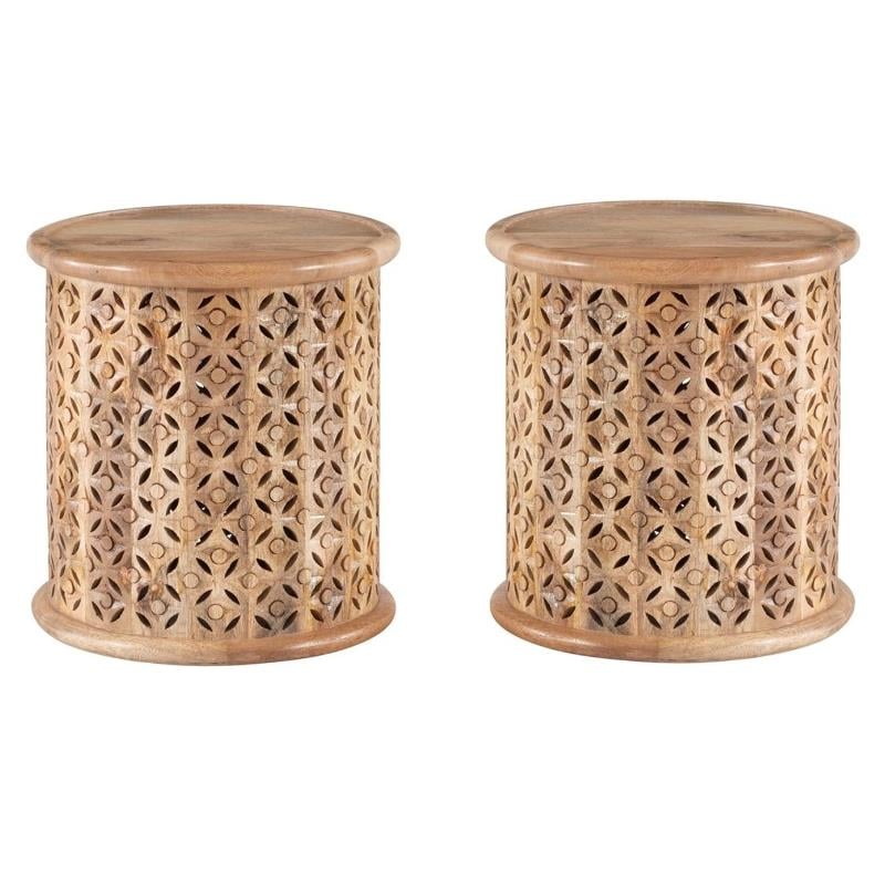 Home Square Wood Hand Carved Side Table in Natural - Set of 2