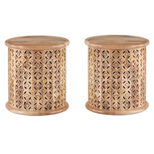 Home Square Wood Hand Carved Side Table in Natural - Set of 2