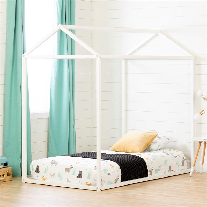Home Square 2-Piece Set with House Bed in White and Kid Bookcase in Natural