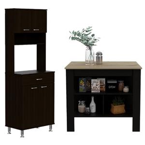 Home Square 2-Piece Set with 60 Wood Pantry and Kitchen Island in Black