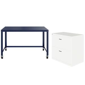 Home Square 2-Piece Set with Mobile Desk in Navy and Lateral File Cabinet