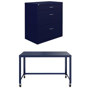 Home Square 2-Piece Set with Mobile Desk and 3 Drawer File Cabinet in Navy