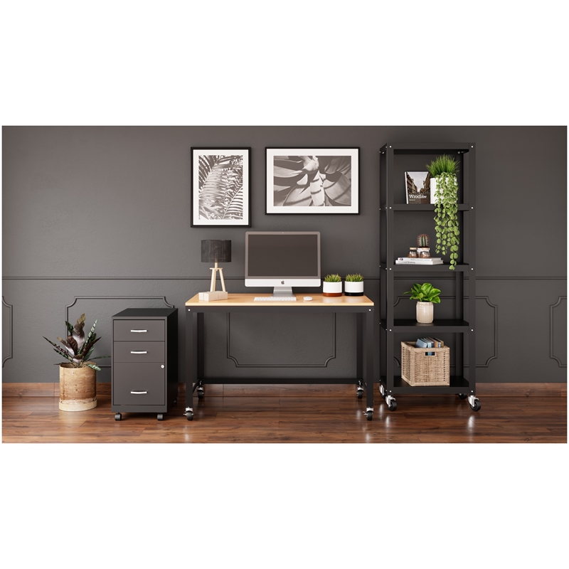 Home Square 3-Piece Set with Mobile Desk & File Cabinet & 5-Shelf Bookcase Black