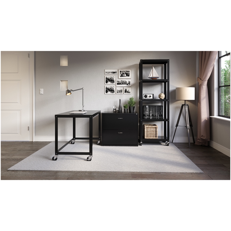 Home Square 3-Piece Set with Mobile Desk & File Cabinet & 5-Shelf Bookcase Black