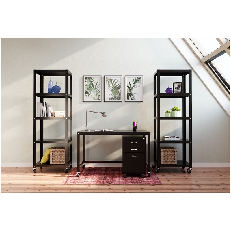Home Square 3-Piece Set with Mobile Desk & File Cabinet & 5-Shelf Bookcase Black