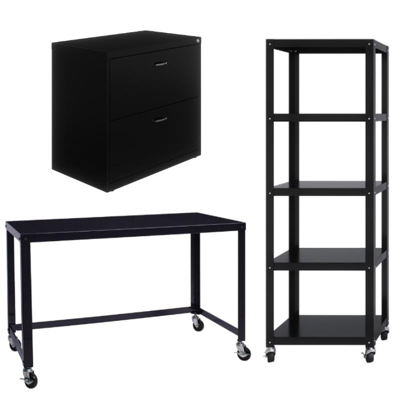 Home Square 3-Piece Set with Mobile Desk & File Cabinet & 5-Shelf Bookcase Black