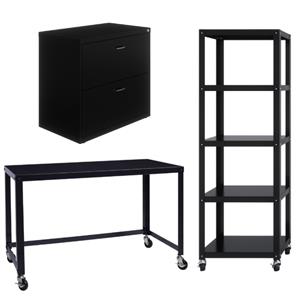 Home Square 3-Piece Set with Mobile Desk & File Cabinet & 5-Shelf Bookcase Black