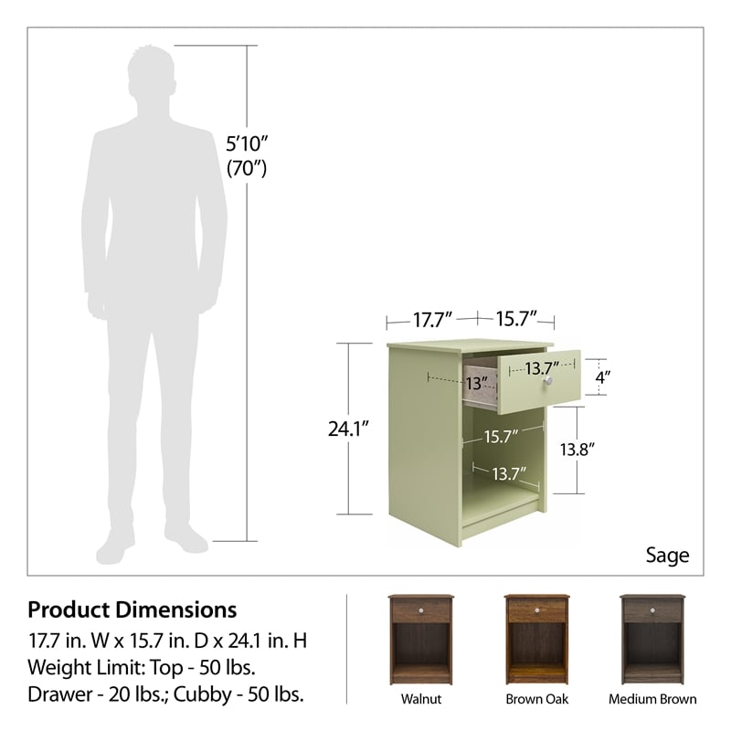 Home Square Nightstand with Drawer in Walnut Finish - Set of 2