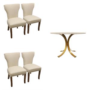 Home Square 5-Piece Set with 48&quot Round Marble Top Table & 4 Ivory Side Chairs