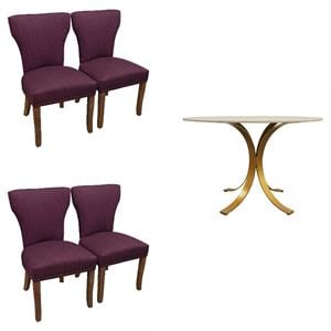 Home Square 5-Piece Set with 48&quot Round Marble Top Table & 4 Purple Linen Chairs