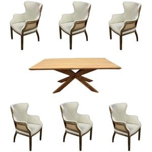Home Square 7-Piece Set with 79&quot Dining Table & 6 Natural Fabric Dining Chairs