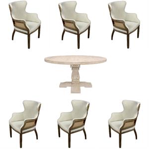 Home Square 7-Piece Set with 58&quot Round Dining Table & 6 Natural Arm Chairs
