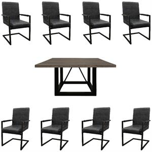 Home Square 9-Piece Set with Square Dining Table and 8 Leather Arm Chairs