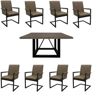 Home Square 9-Piece Set with Square Dining Table & 8 Leather Arm Chairs in Gray