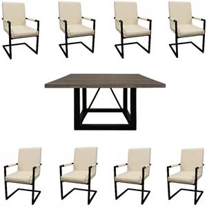 Home Square 9-Piece Set with Square Dining Table & 8 Leather Arm Chairs in Ivory