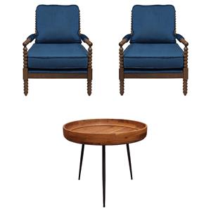 Home Square 3-Piece Set with Round Side Table and 2 Blue Velvet Chairs