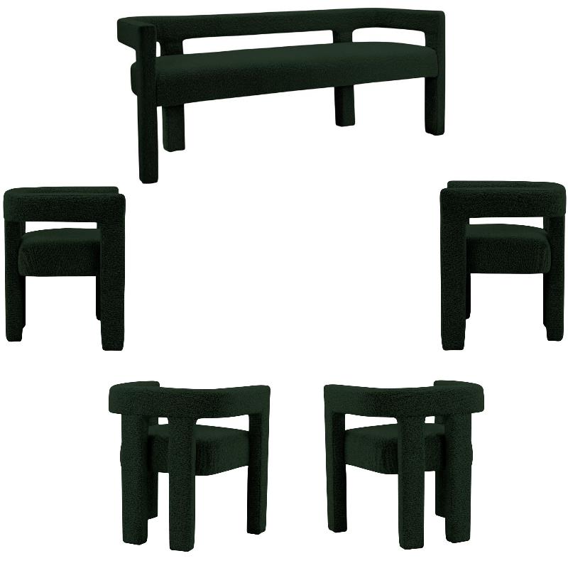 5 Piece Boulce Upholstered Dining Chairs and Bench Set in Green