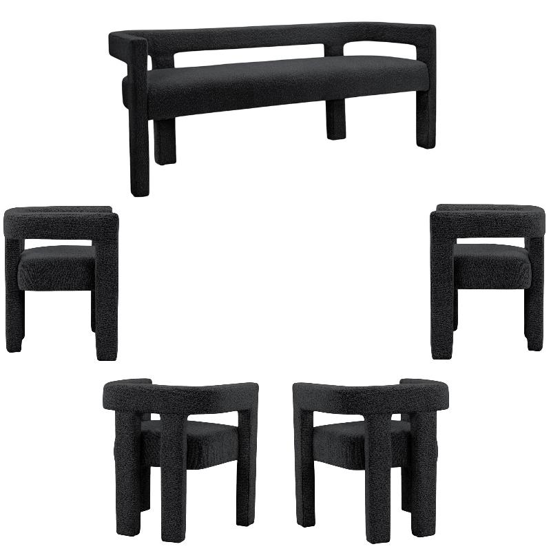 5 Piece Boulce Upholstered Dining Chairs and Bench Set in Black