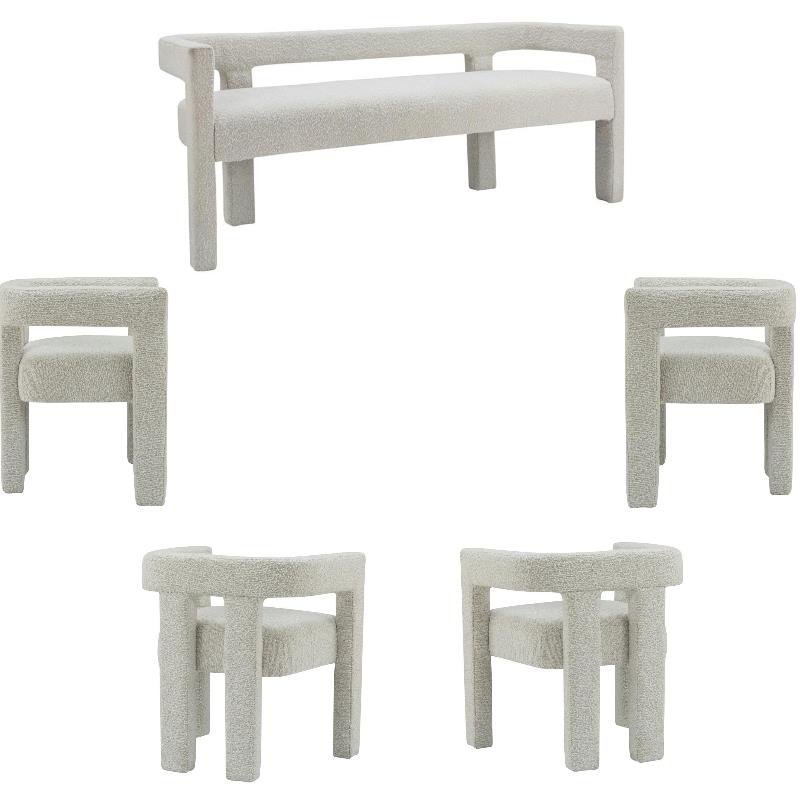 5 Piece Boulce Upholstered Dining Chairs and Bench Set in Gray