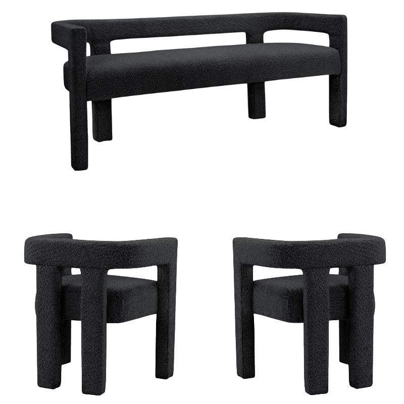 3 Piece Boulce Upholstered Dining Chairs and Bench Set in Black