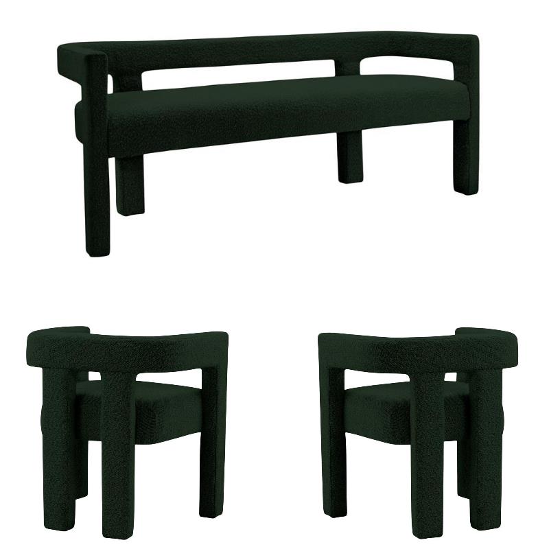 3 Piece Boulce Upholstered Dining Chairs and Bench Set in Green