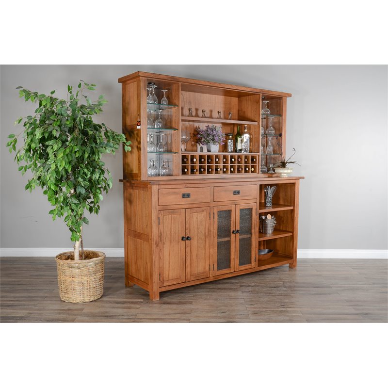 Home Bar and Storage Buffet Cabinet with Hutch in Rustic Oak (2 Piece Set)