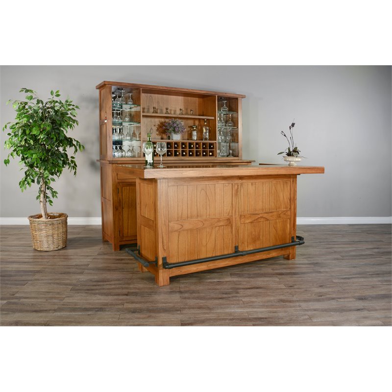 Home Bar and Storage Buffet Cabinet with Hutch in Rustic Oak (2 Piece Set)