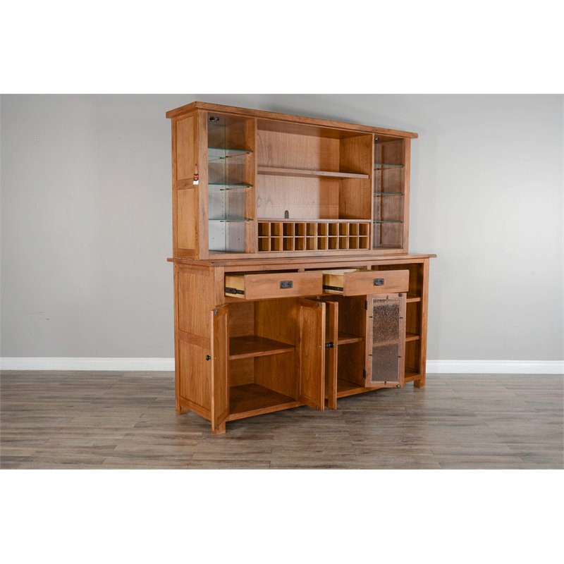 Home Bar and Storage Buffet Cabinet with Hutch in Rustic Oak (2 Piece Set)