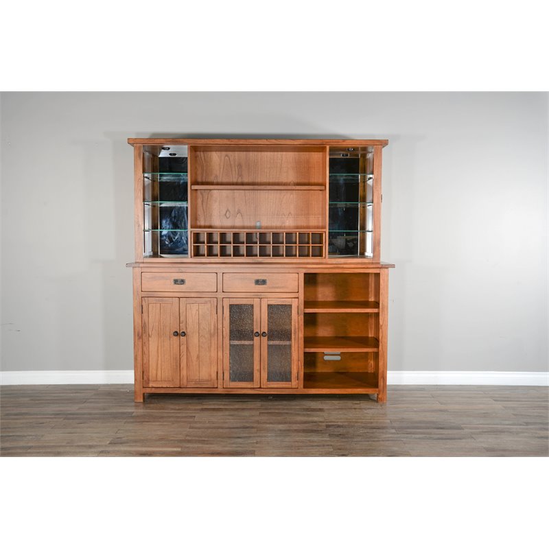 Home Bar and Storage Buffet Cabinet with Hutch in Rustic Oak (2 Piece Set)