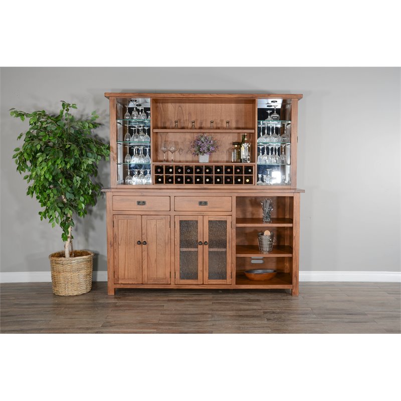 Home Bar and Storage Buffet Cabinet with Hutch in Rustic Oak (2 Piece Set)