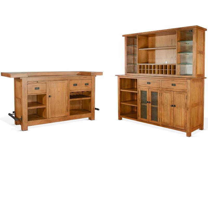 Home Bar and Storage Buffet Cabinet with Hutch in Rustic Oak (2 Piece Set)