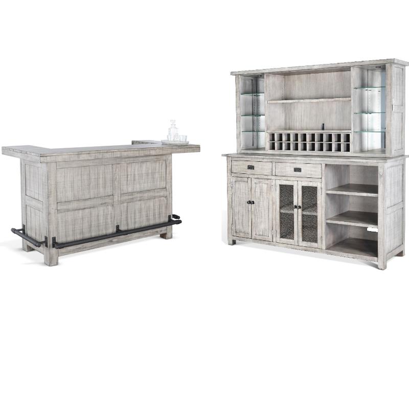 Home Bar and Storage Buffet Cabinet with Hutch in Alpine Gray 2 Piece Set
