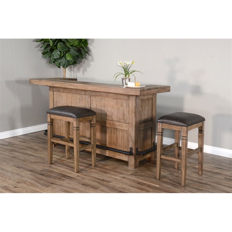 Home Bar and Bar Stools with Cushion in Taupe Brown 3 Piece Set