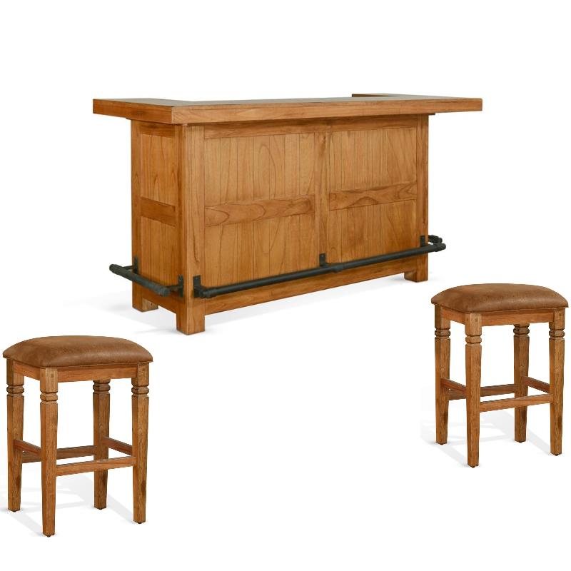 Home Bar and Bar Stools with Cushion in Rustic Oak 3 Piece Set