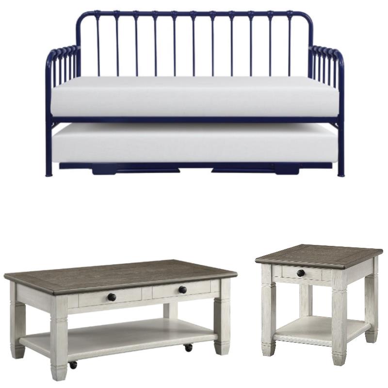 Home Square 3-Piece Set with Daybed in Navy & Coffee Table & End Table