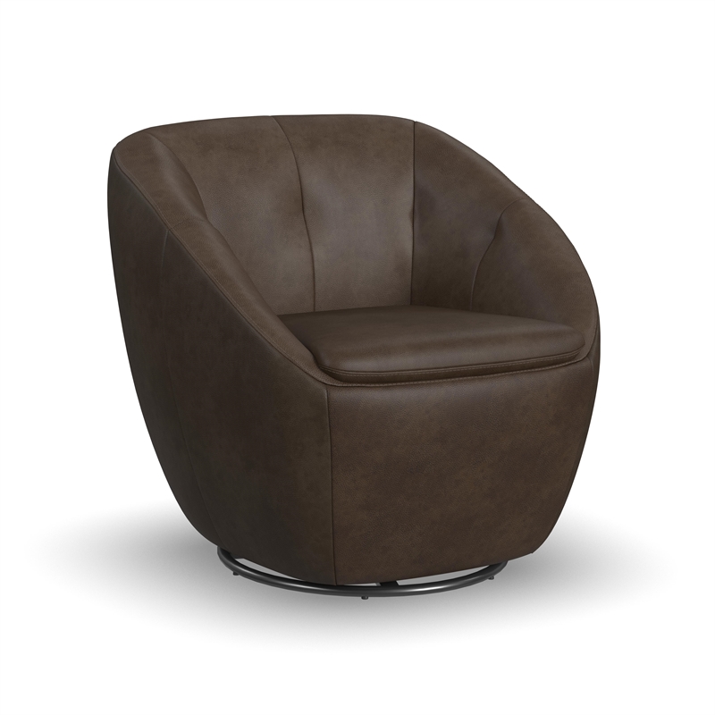 Home Square Leather Swivel Chair in Medium Brown Finish - Set of 2