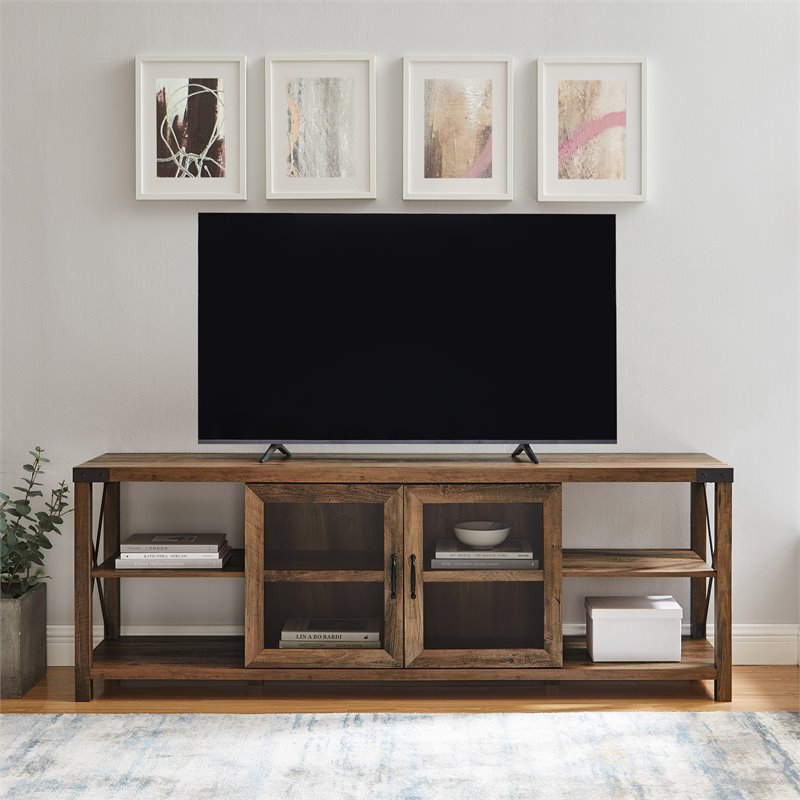 4 Piece Farmhouse TV Stand and Coffee Table and 2 End Tables Set in Rustic Oak
