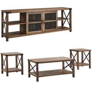 4 piece farmhouse tv stand and coffee table and 2 end tables set in rustic oak