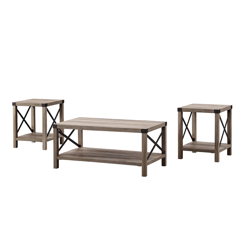 Farmhouse Fireplace TV Stand with Coffee Table and 2 End Tables Set in Gray Wash