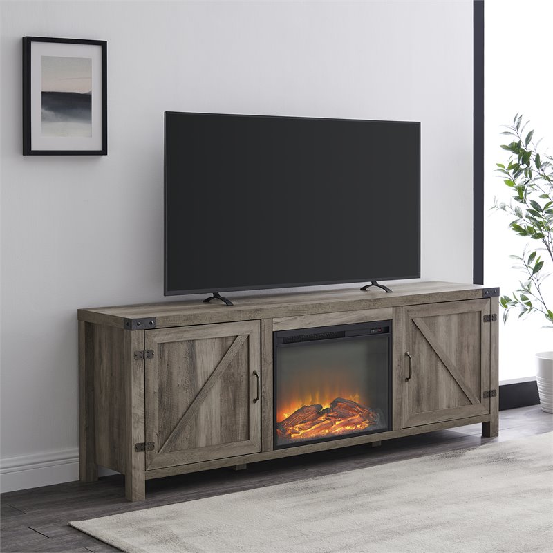 Farmhouse Fireplace TV Stand with Coffee Table and 2 End Tables Set in Gray Wash