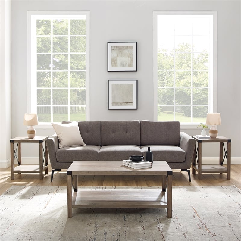 Farmhouse Fireplace TV Stand with Coffee Table and 2 End Tables Set in Gray Wash