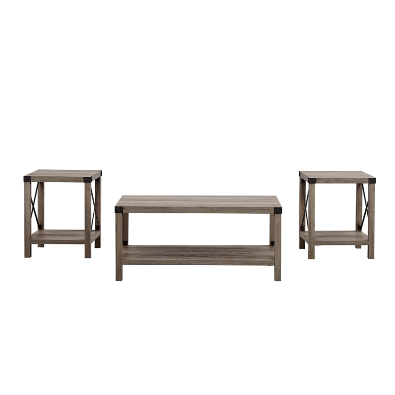 Farmhouse Fireplace TV Stand with Coffee Table and 2 End Tables Set in Gray Wash