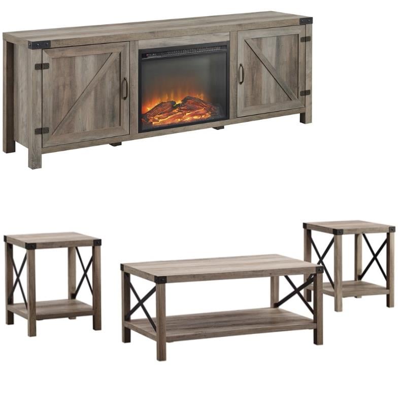 Farmhouse Fireplace TV Stand with Coffee Table and 2 End Tables Set in Gray Wash