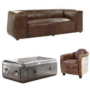 Home Square 3-Piece Set with Sofa and Coffee Table and Leather Chair