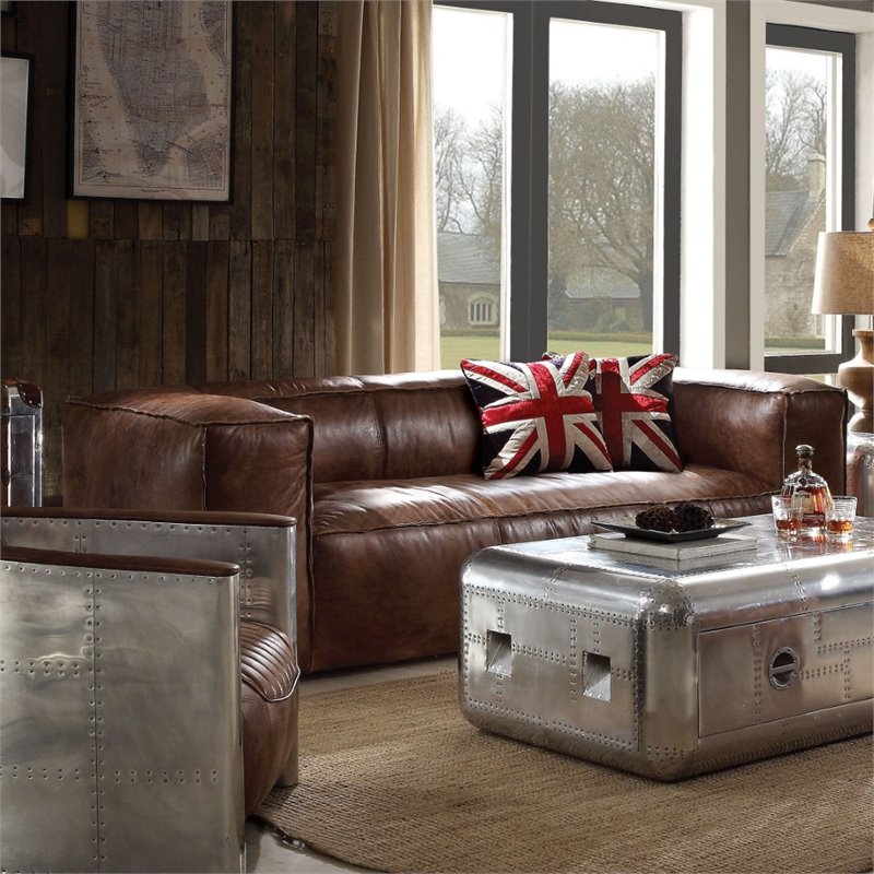 Home Square 3-Piece Set with Sofa and 2 Leather Chairs in Retro Brown