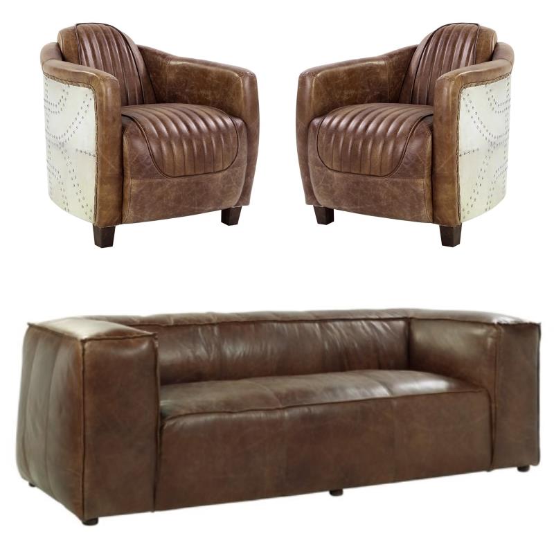 Home Square 3-Piece Set with Sofa and 2 Leather Chairs in Retro Brown