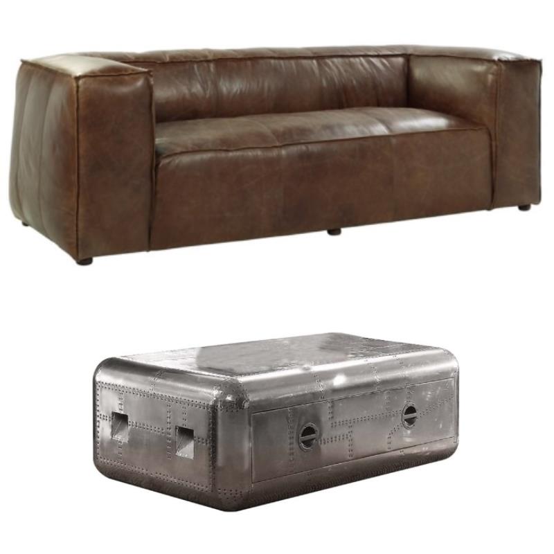 Home Square 2-Piece Set with Leather Sofa and Square Coffee Table